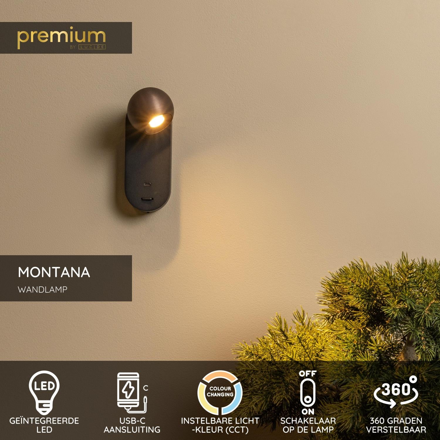 Lucide MONTANA - Wandlamp - LED - CCT - 1x6,3W 2700K/4000K - Met USB oplaadpunt - Koffie | Premium - KwaliteitWonen.nl