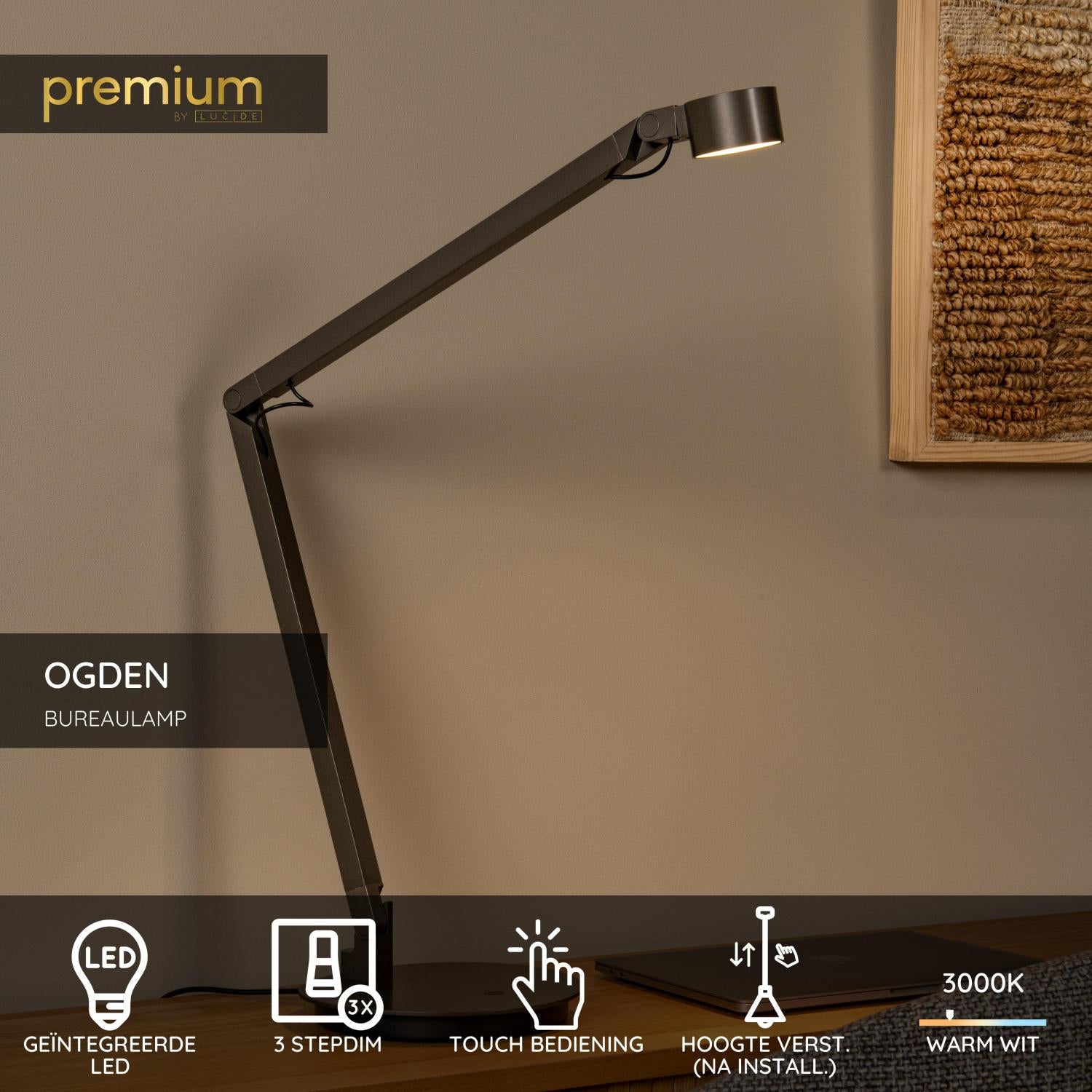 Lucide OGDEN - Bureaulamp - LED 3 StepDim - 1x7W 3000K - Grijs ijzer | Premium - KwaliteitWonen.nl