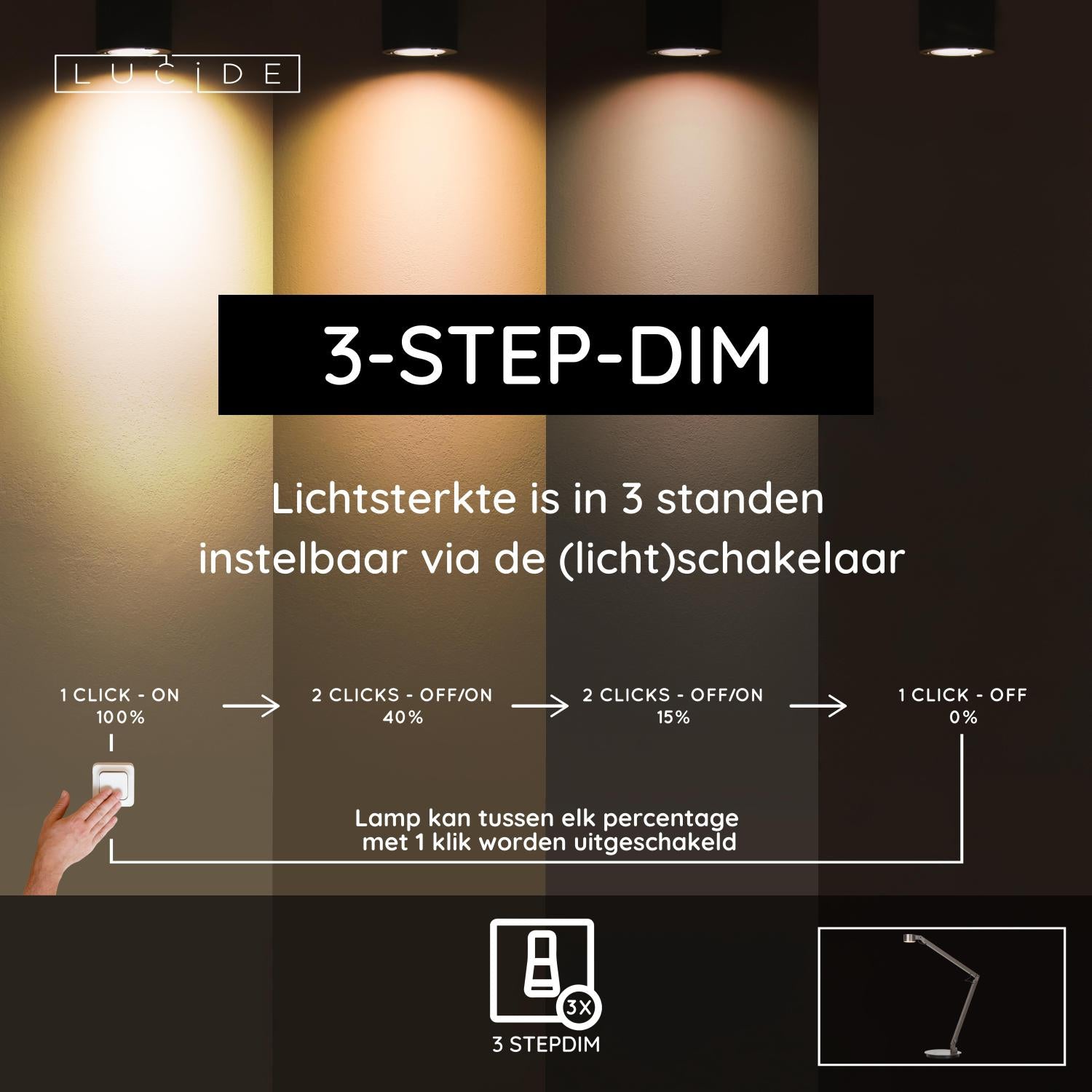 Lucide OGDEN - Bureaulamp - LED 3 StepDim - 1x7W 3000K - Grijs ijzer | Premium - KwaliteitWonen.nl