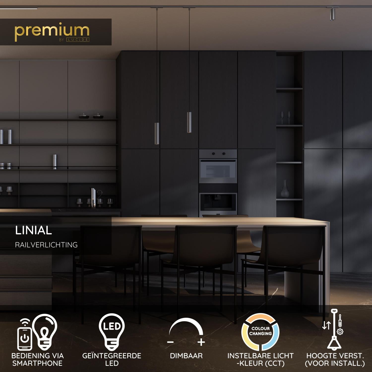 Lucide Premium LINIAL LUXUS Hanglamp - 1-fase Railsysteem / Smart Railverlichting - Smart - 48V Track - 1xLED - Mat Zwart Chroom - KwaliteitWonen.nl
