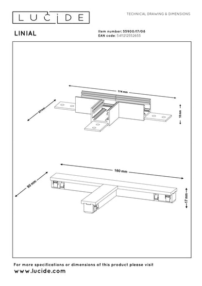 Lucide Premium LINIAL T-koppelstuk - 1-fase Railsysteem / Railverlichting - Smart - 48V Track - Mat Zwart Chroom - KwaliteitWonen.nl