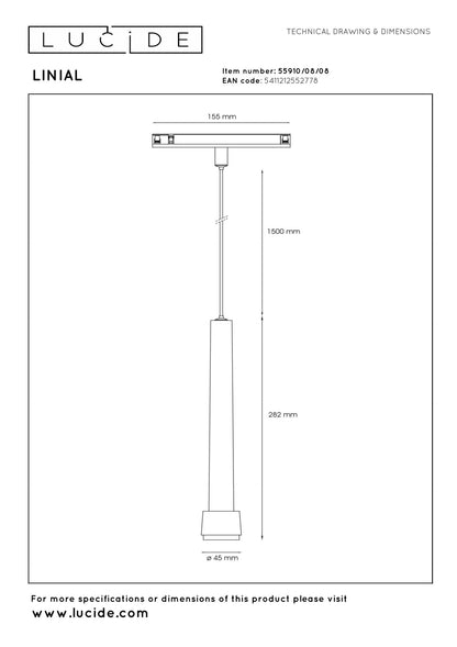 Lucide Premium LINIAL TUBIZ Hanglamp - 1-fase Railsysteem / Smart Railverlichting - Smart - 48V Track - 1xLED - Mat Zwart Chroom - KwaliteitWonen.nl