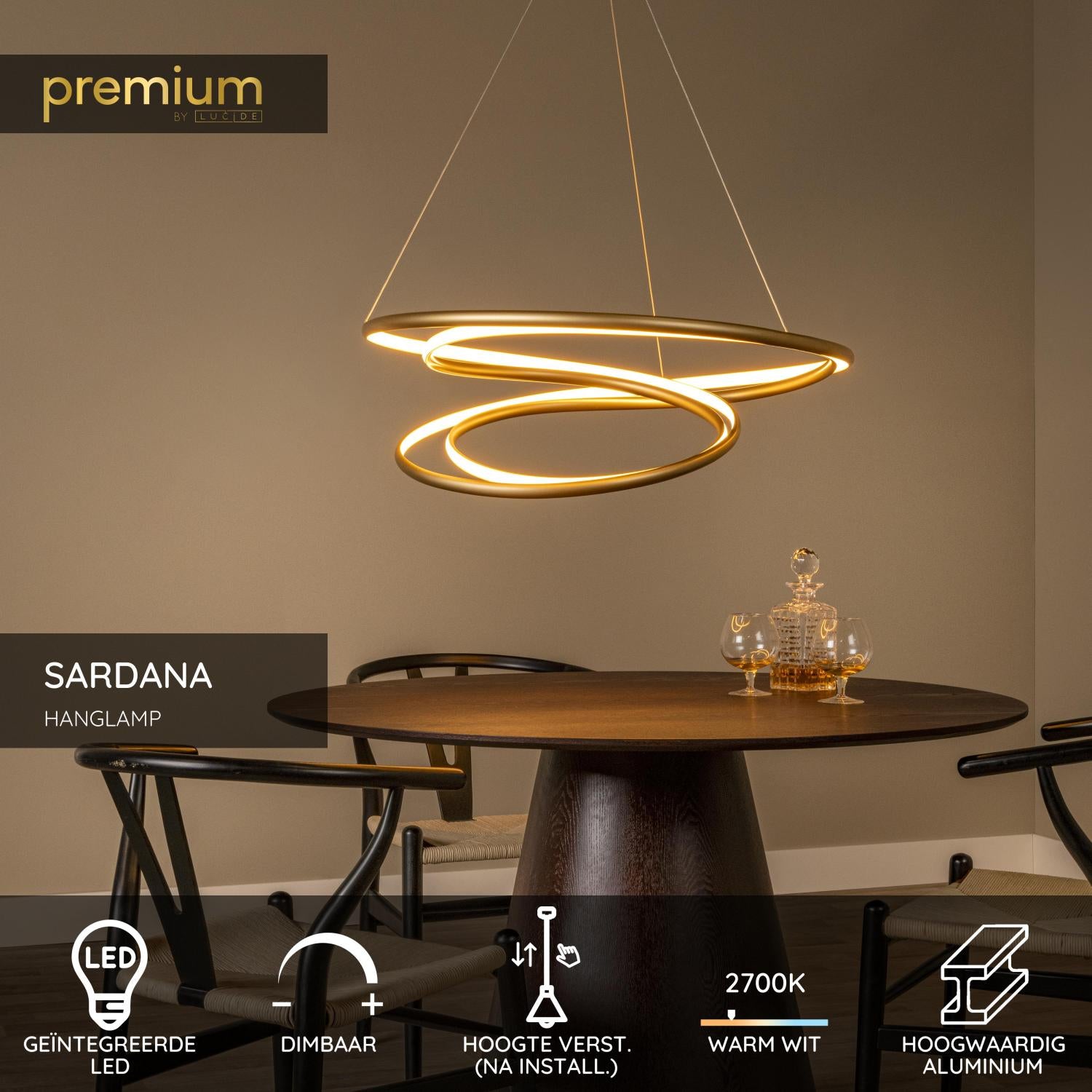 Lucide SARDANA - Hanglamp - Ø 80 cm - LED Dimb. - 1x74W 2700K - Mat Goud / Messing | Premium - KwaliteitWonen.nl