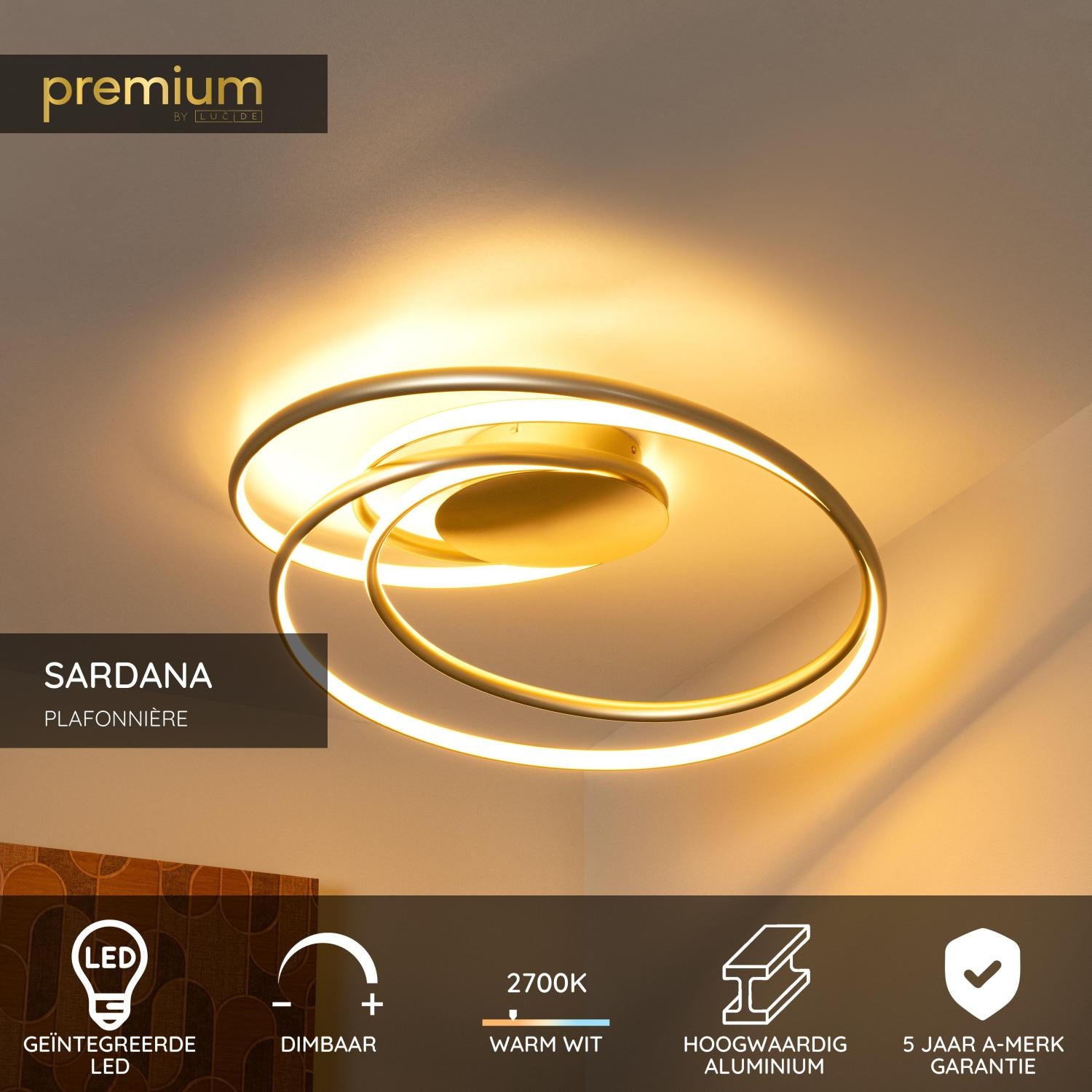 Lucide SARDANA - Plafonnière - LED Dimb. - 1x54W 2700K - Mat Goud / Messing | Premium - KwaliteitWonen.nl