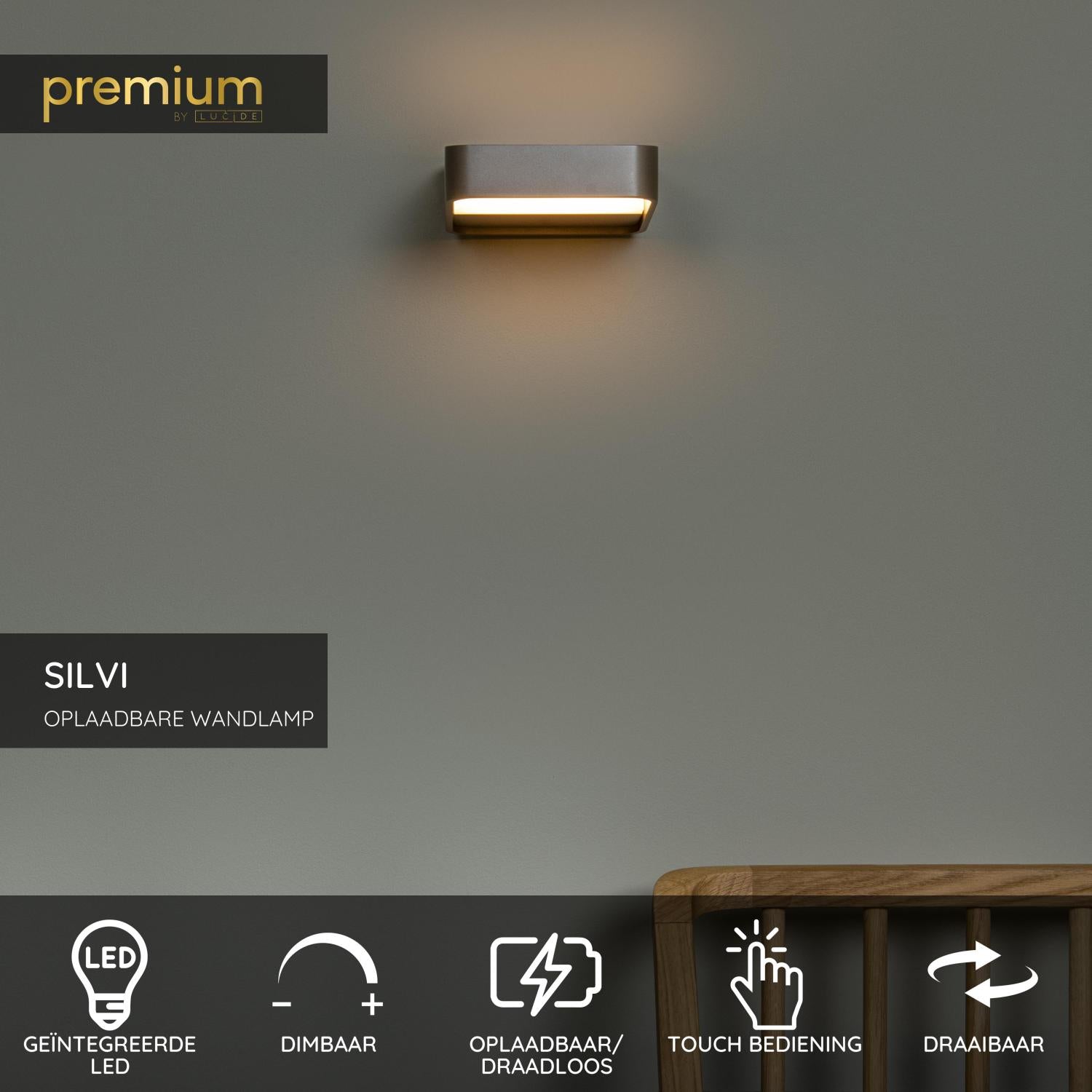 Lucide SILVI - Oplaadbare Wandlamp - Accu/Batterij - LED Dimb. - 1x3,7W 2700K - Koffie | Premium - KwaliteitWonen.nl