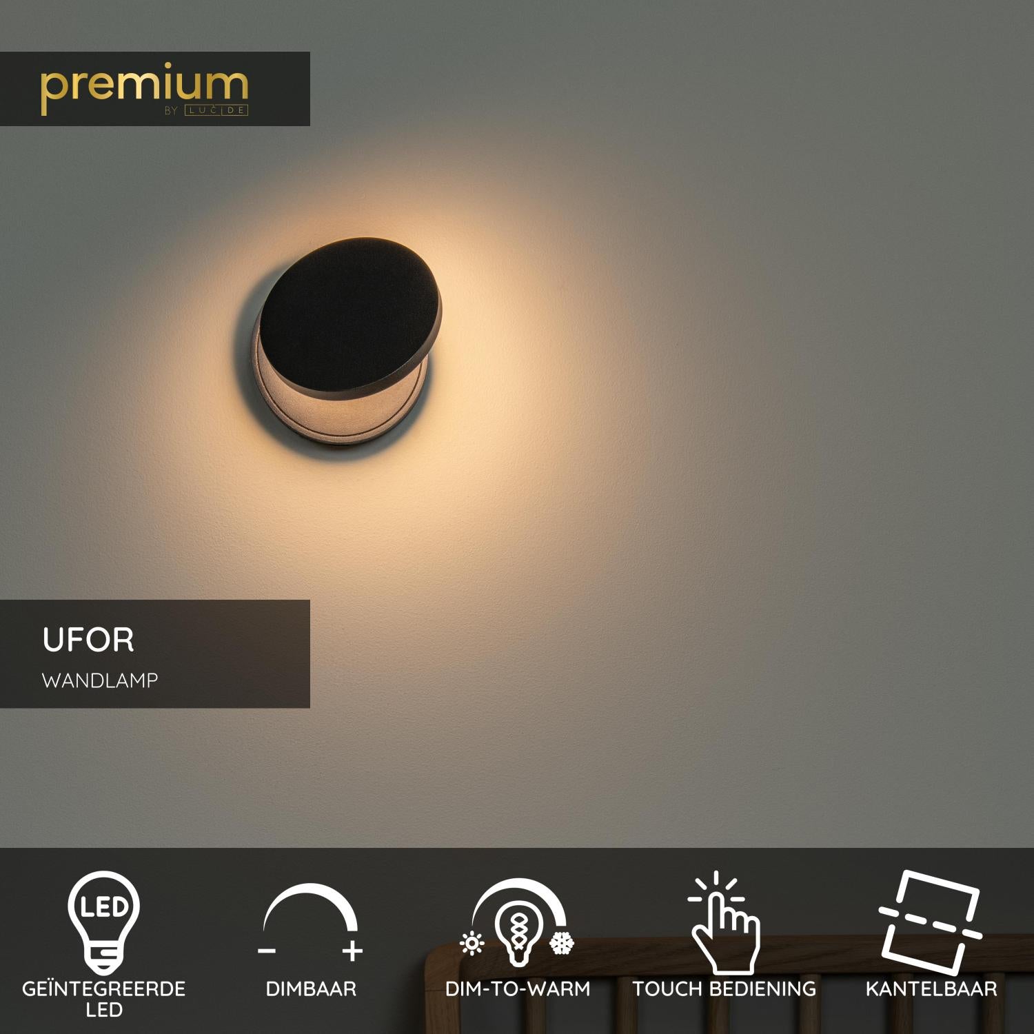 Lucide UFOR - Wandlamp - Ø 12 cm - LED Dim to warm - 1800K/3000K - Zwart | Premium - KwaliteitWonen.nl