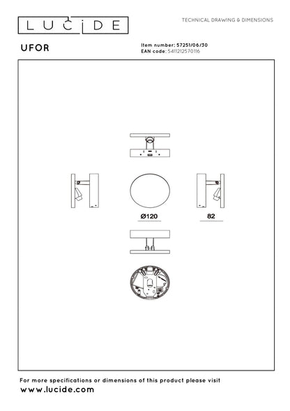 Lucide UFOR - Wandlamp - Ø 12 cm - LED Dim to warm - 1800K/3000K - Zwart | Premium - KwaliteitWonen.nl