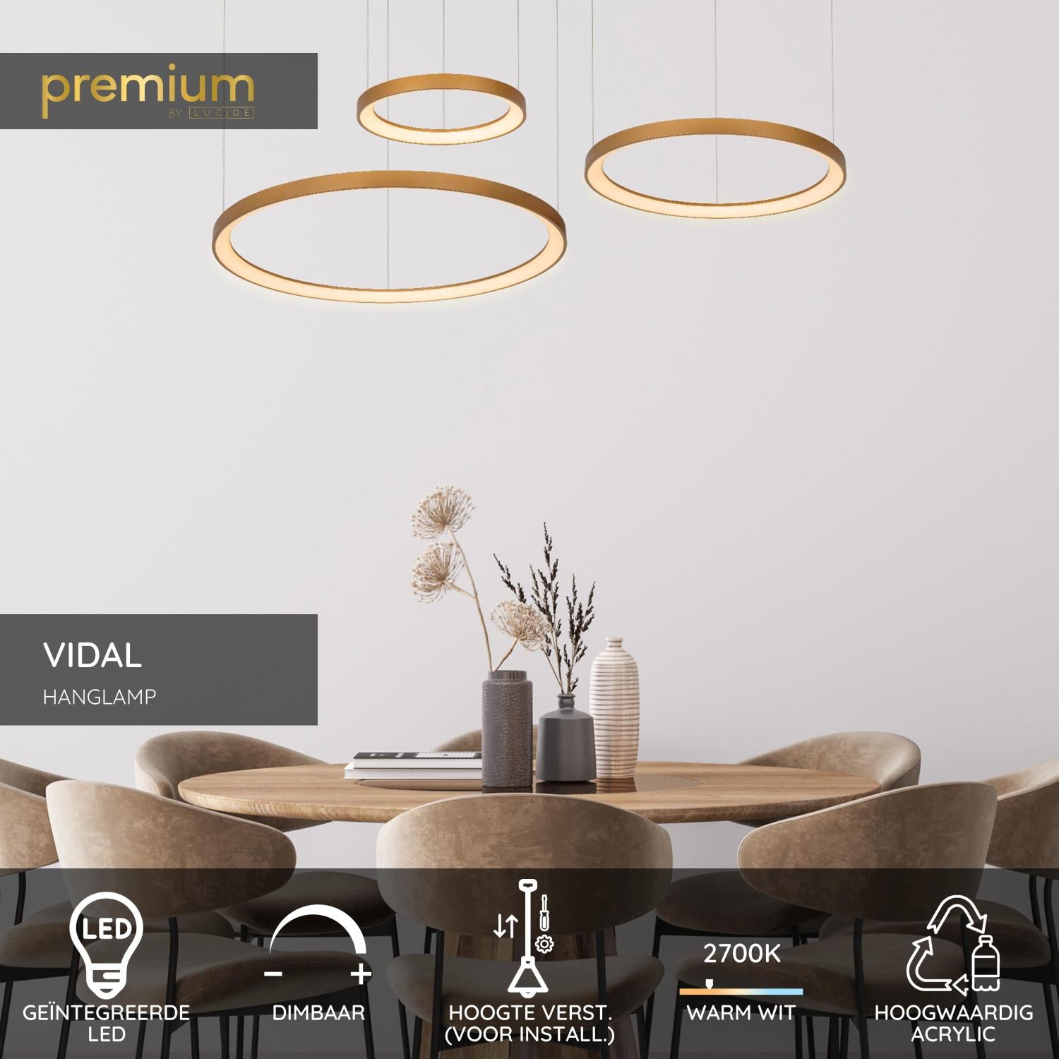 Lucide VIDAL - Hanglamp - Ø 78 cm - LED Dimb. - 1x120W 2700K - Mat Goud / Messing | Premium - KwaliteitWonen.nl