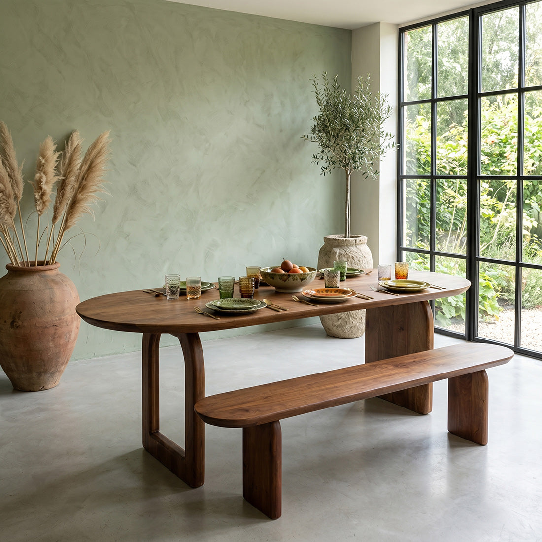 Raw Materials Eettafel Bullnose Ovaal 240x90cm Bruin Mangohout - Mix onderstel - KwaliteitWonen.nl