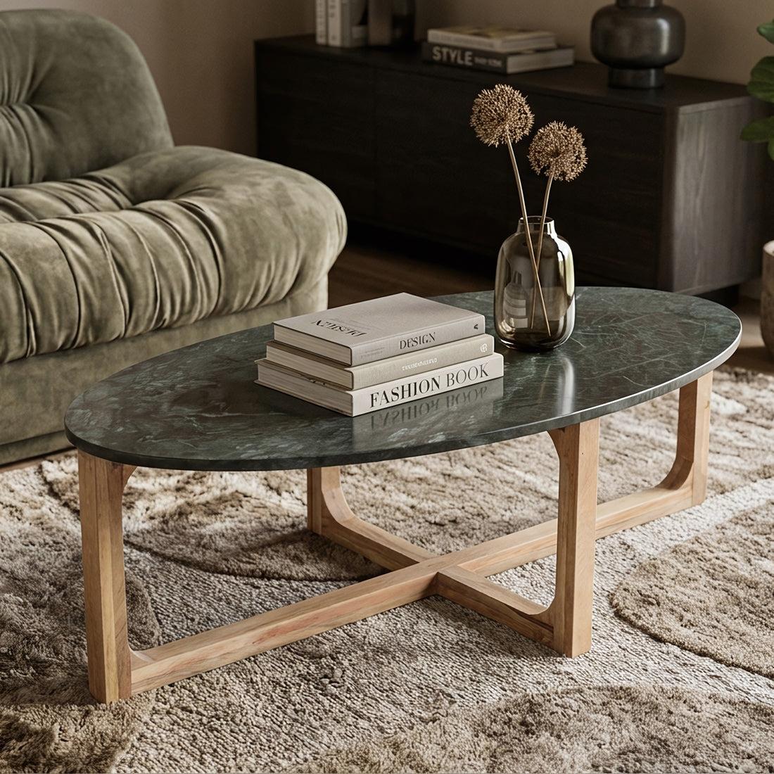 Raw Materials Ovale Marmeren Salontafel Groen 120x60cm - KwaliteitWonen.nl