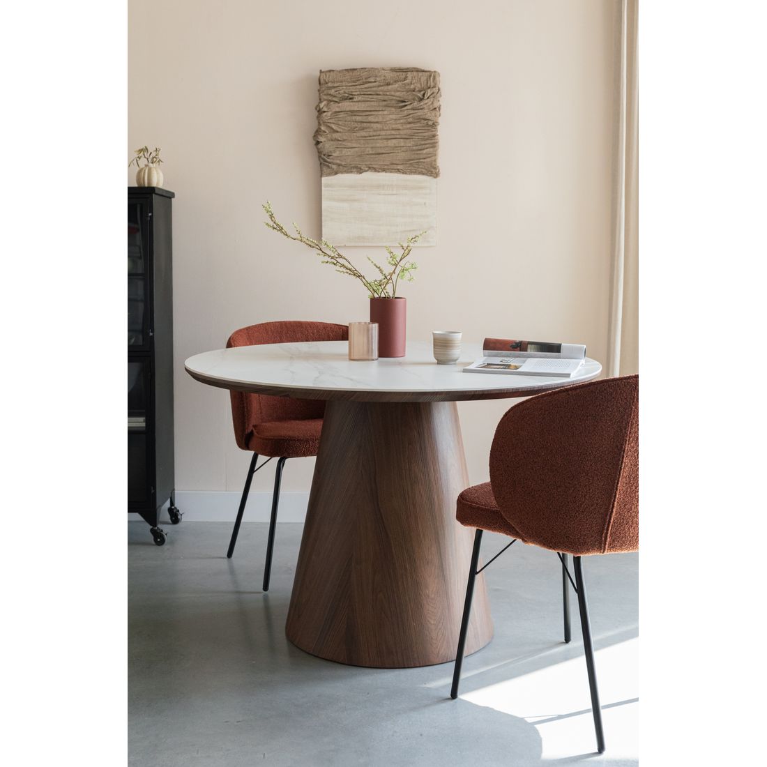 White Label Living Eettafel Almira Rond 115cm Walnoot Marmer - KwaliteitWonen.nl