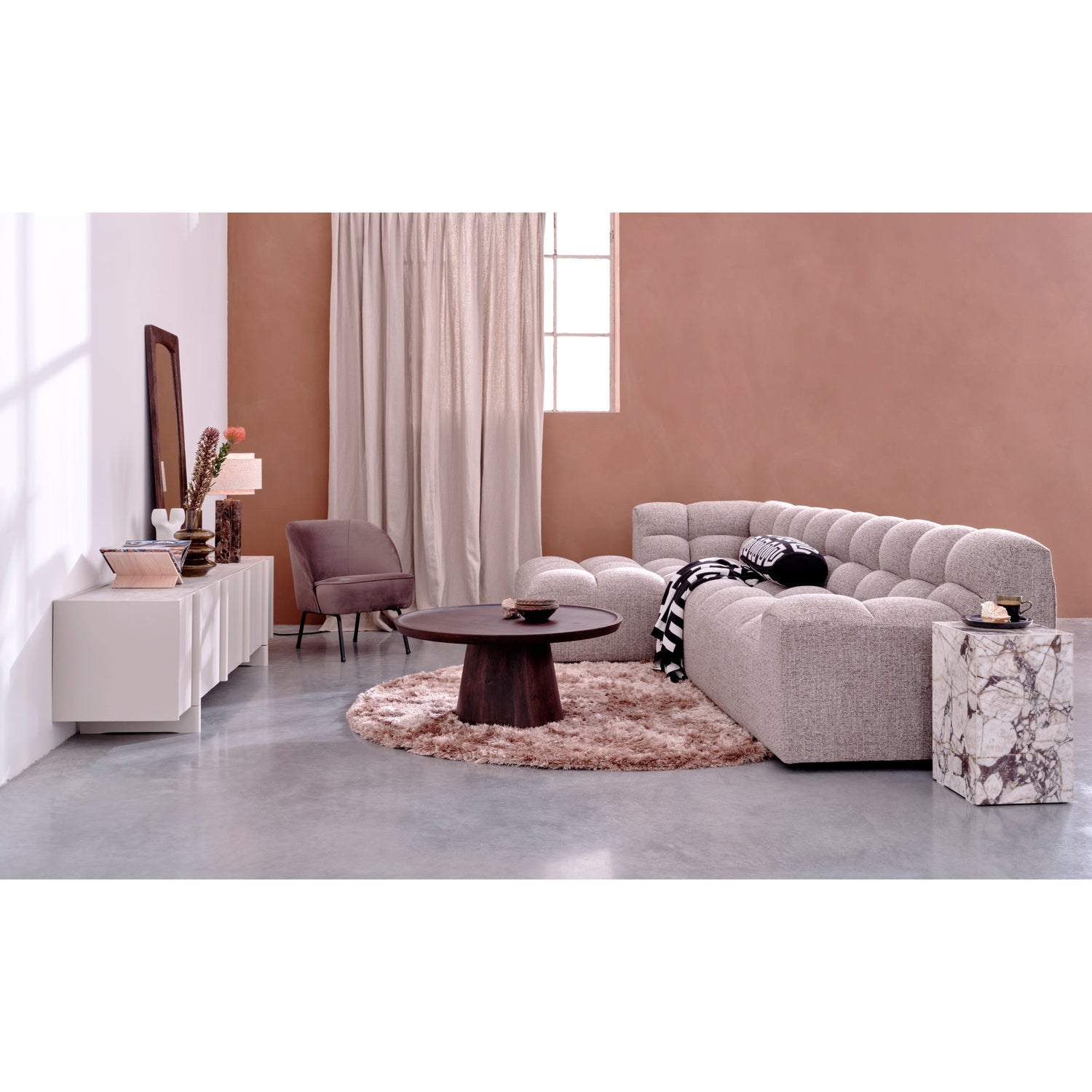 Woood Allure Hoekbank 3-zits Bank + Chaise Longue Links Geweven Stof Bruin Melange - KwaliteitWonen.nl