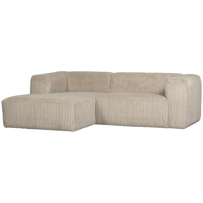 Woood Bean Hoekbank 2-zits Bank + Chaise Longue Links Ribstof Travertin - KwaliteitWonen.nl