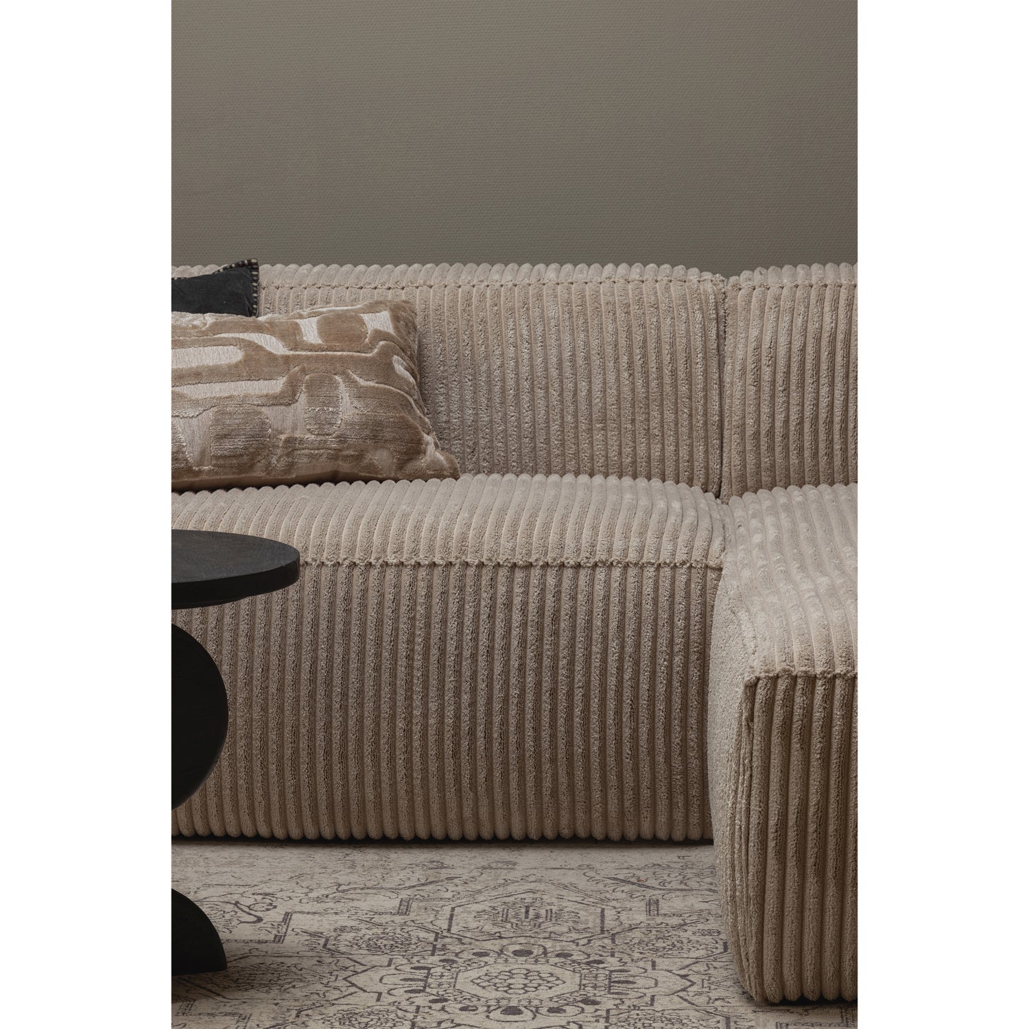 Woood Bean Hoekbank 2-zits Bank + Chaise Longue Rechts Ribstof Travertin - KwaliteitWonen.nl