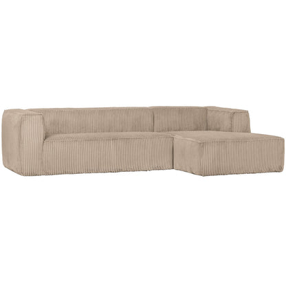 Woood Bean Hoekbank 3-Zits Bank + Chaise Longue Rechts Ribstof Travertin - KwaliteitWonen.nl