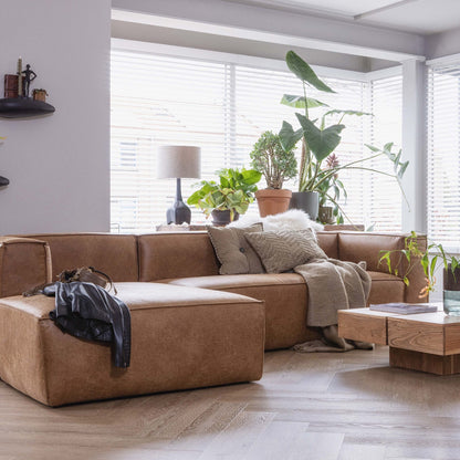 Woood Bean Hoekbank 3-zits Bank + Chaise Longue Links Ecoleer Cognac - KwaliteitWonen.nl