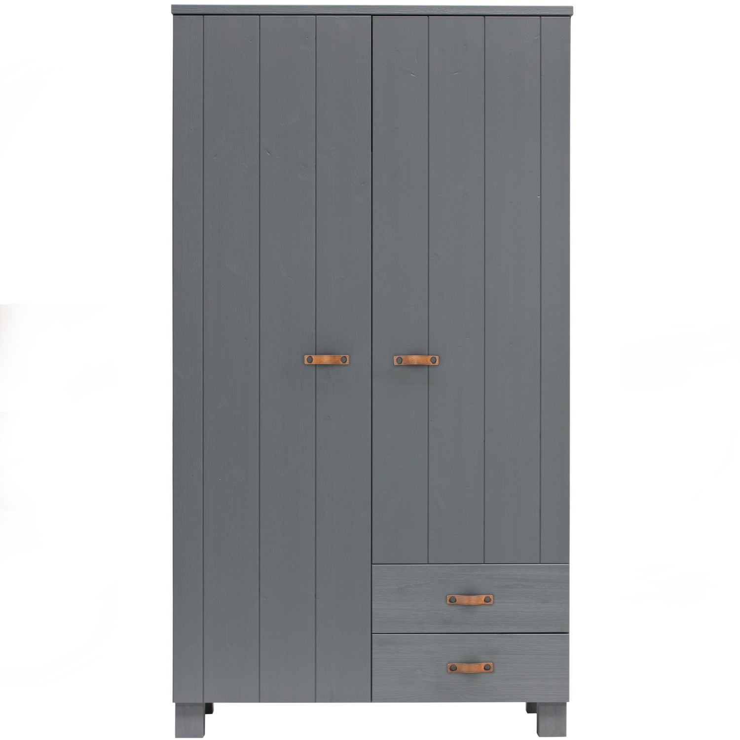 Woood Dennis Kledingkast 2 Deurs + Laden Grenen Steel Grey Leren Greep [Fsc] - KwaliteitWonen.nl