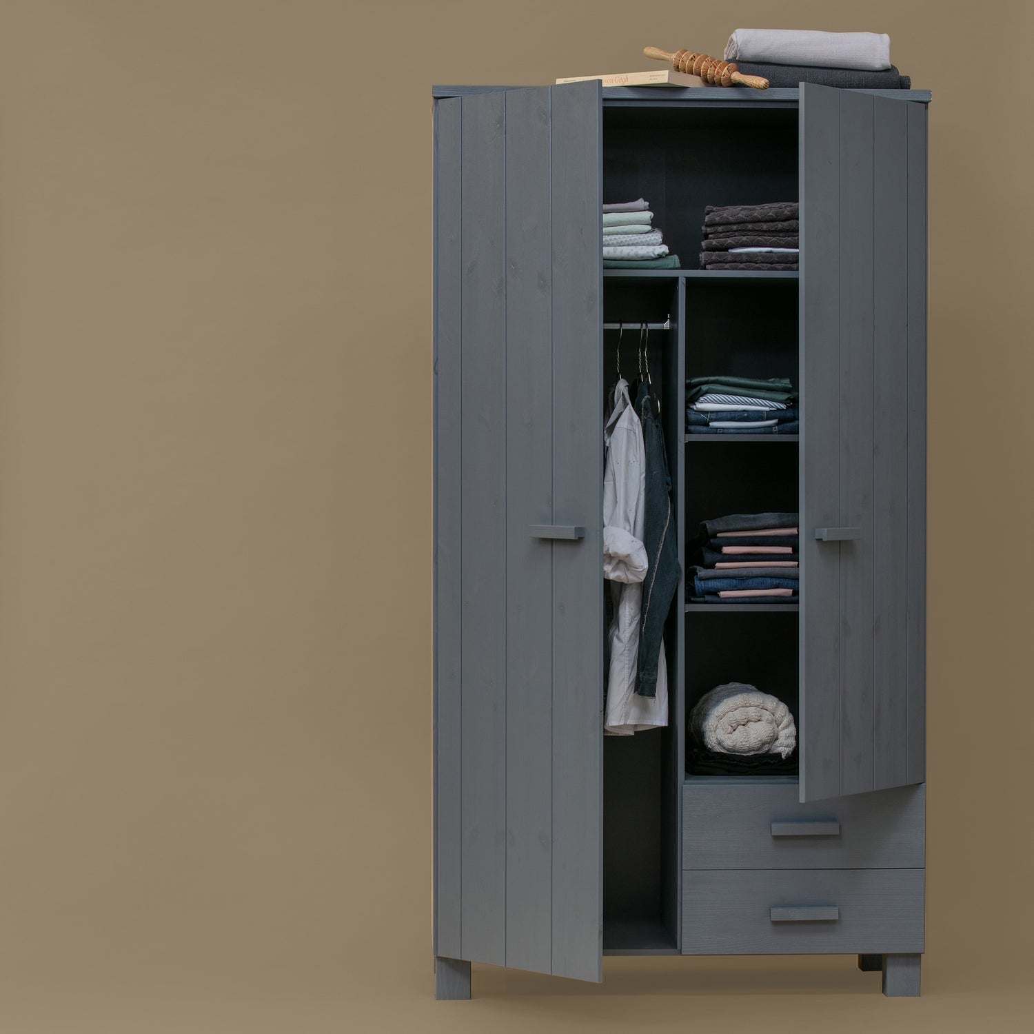 Woood Dennis Kledingkast met Laden Grenen Steel Grey [Fsc] - KwaliteitWonen.nl