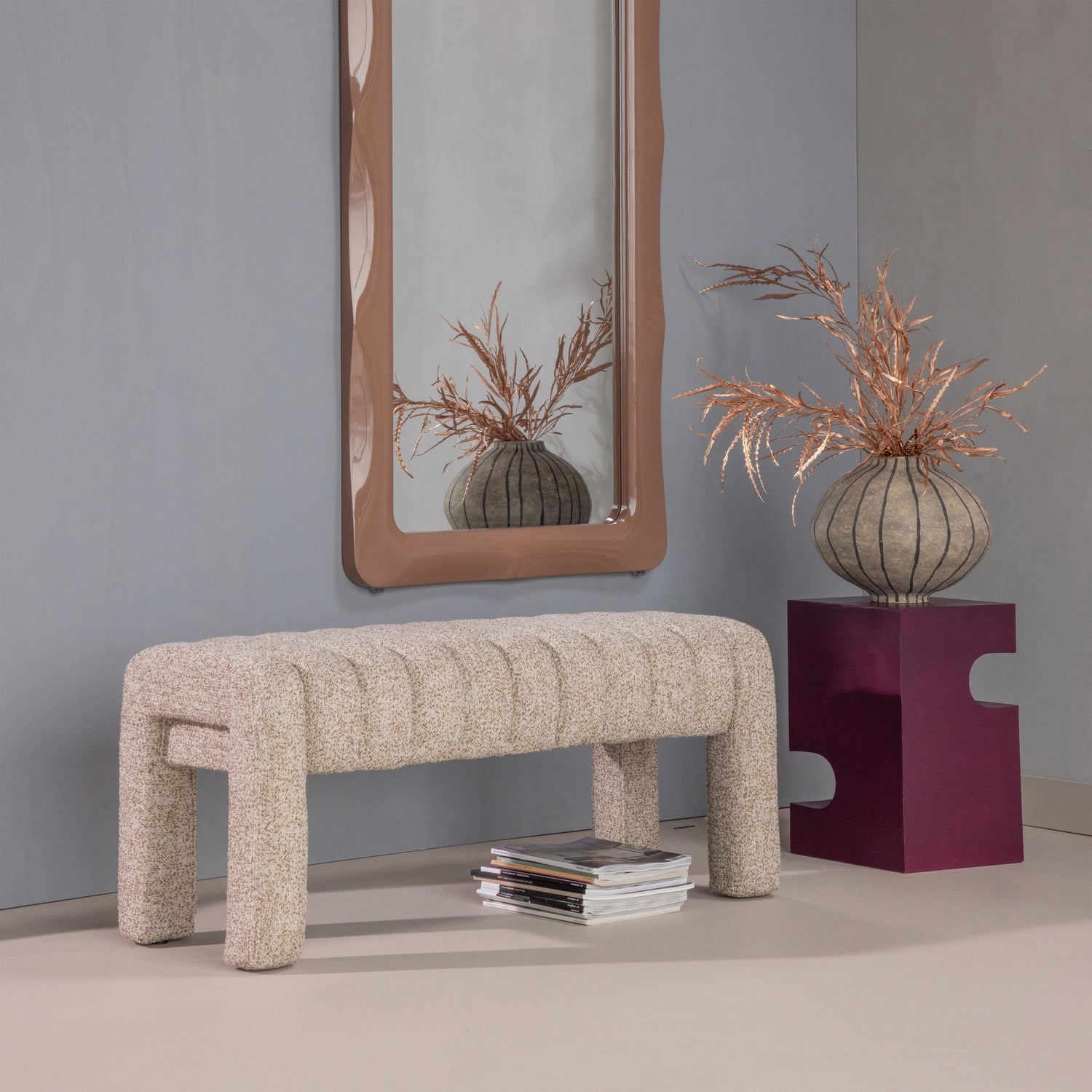 Woood Frex Gestoffeerd Bankje Boucle Bruin [Fsc]-Kwaliteitwonen.nl