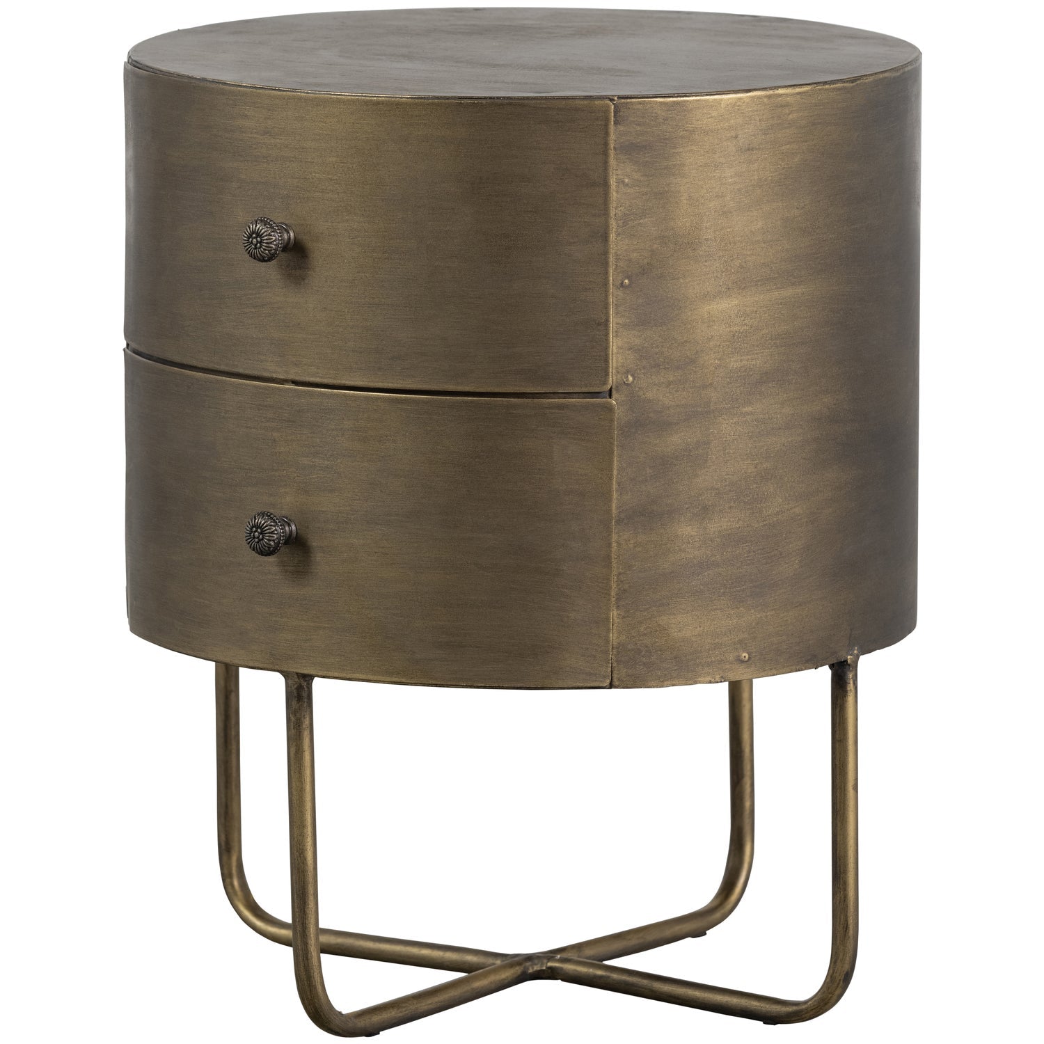 Woood Glossy Nachtkastje Rond Metaal Antique Brass - KwaliteitWonen.nl