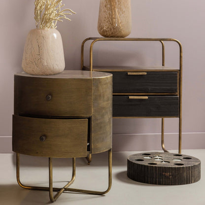 Woood Glossy Nachtkastje Rond Metaal Antique Brass - KwaliteitWonen.nl