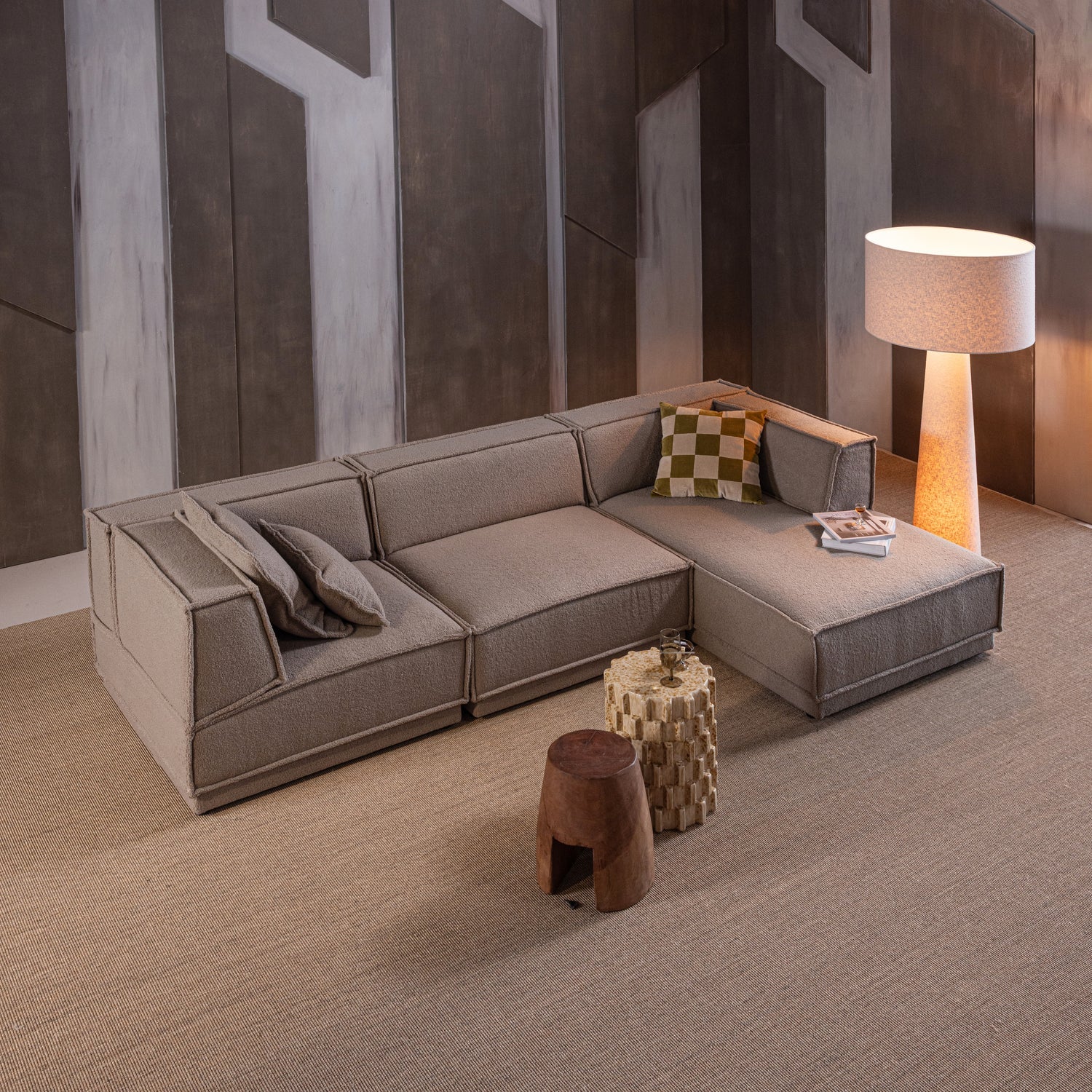 Woood Manu Chaise Longue Bank Rechts Grove Chenille Naturel [Fsc] - KwaliteitWonen.nl