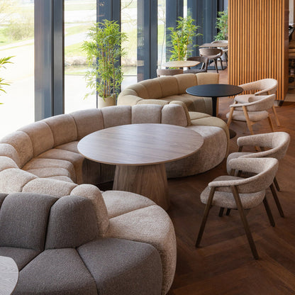 Woood Mojo Eetbank Hoek Met Rugleuning Boucle Geel/Bruin Melange - KwaliteitWonen.nl