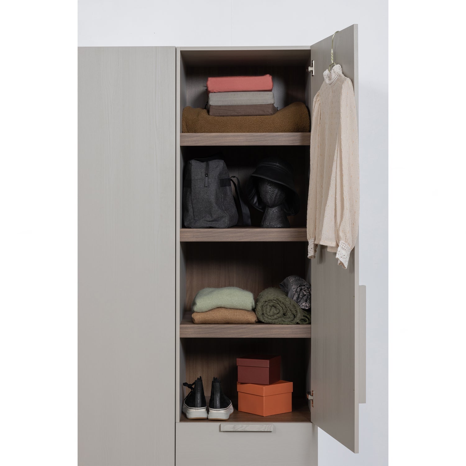 Woood Rens Kledingkast 1 Deurs Greep Lang Noten Pebble Grey [Fsc] - KwaliteitWonen.nl