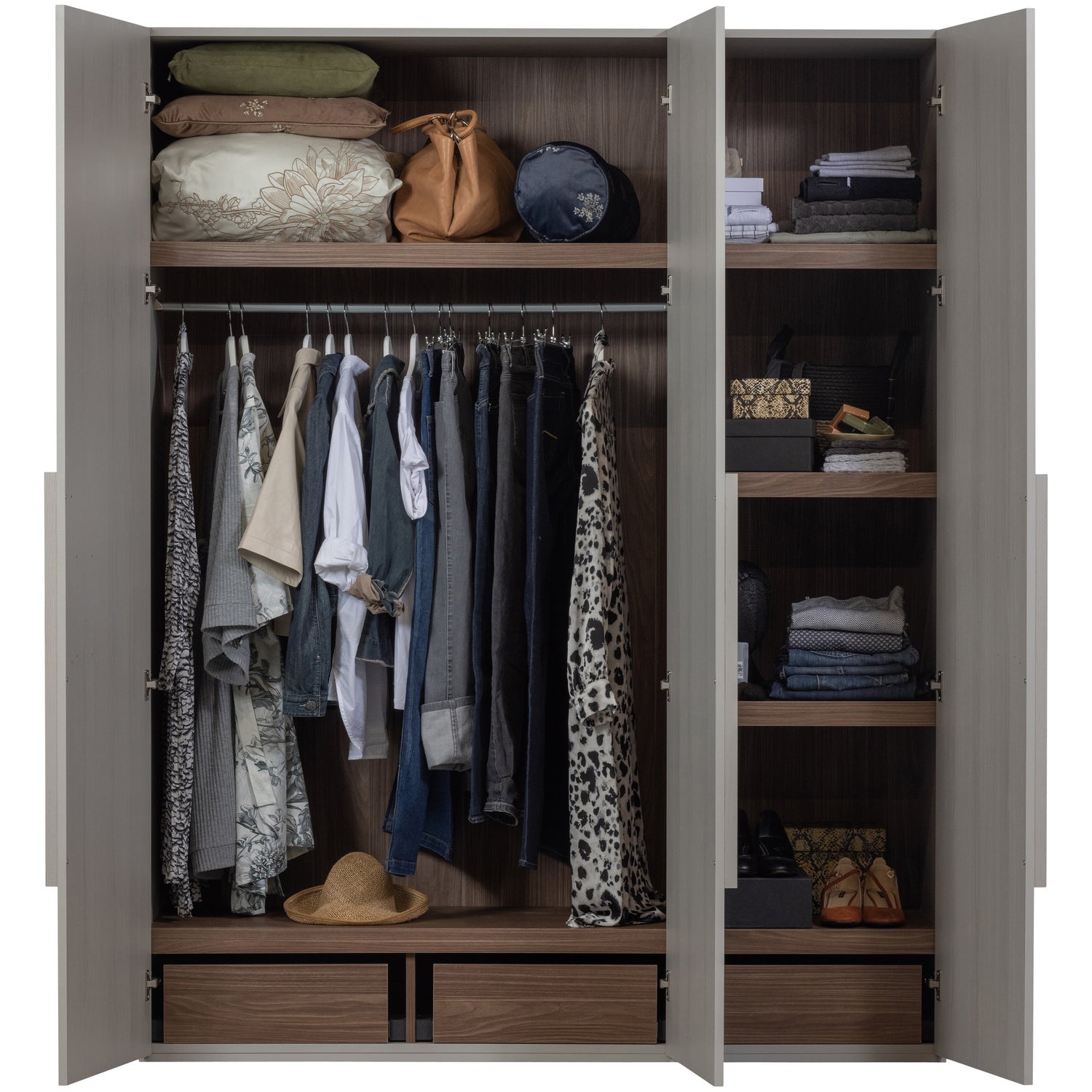 Woood Rens Kledingkast 3 Deurs Greep Lang Noten Pebble Grey [Fsc] - KwaliteitWonen.nl