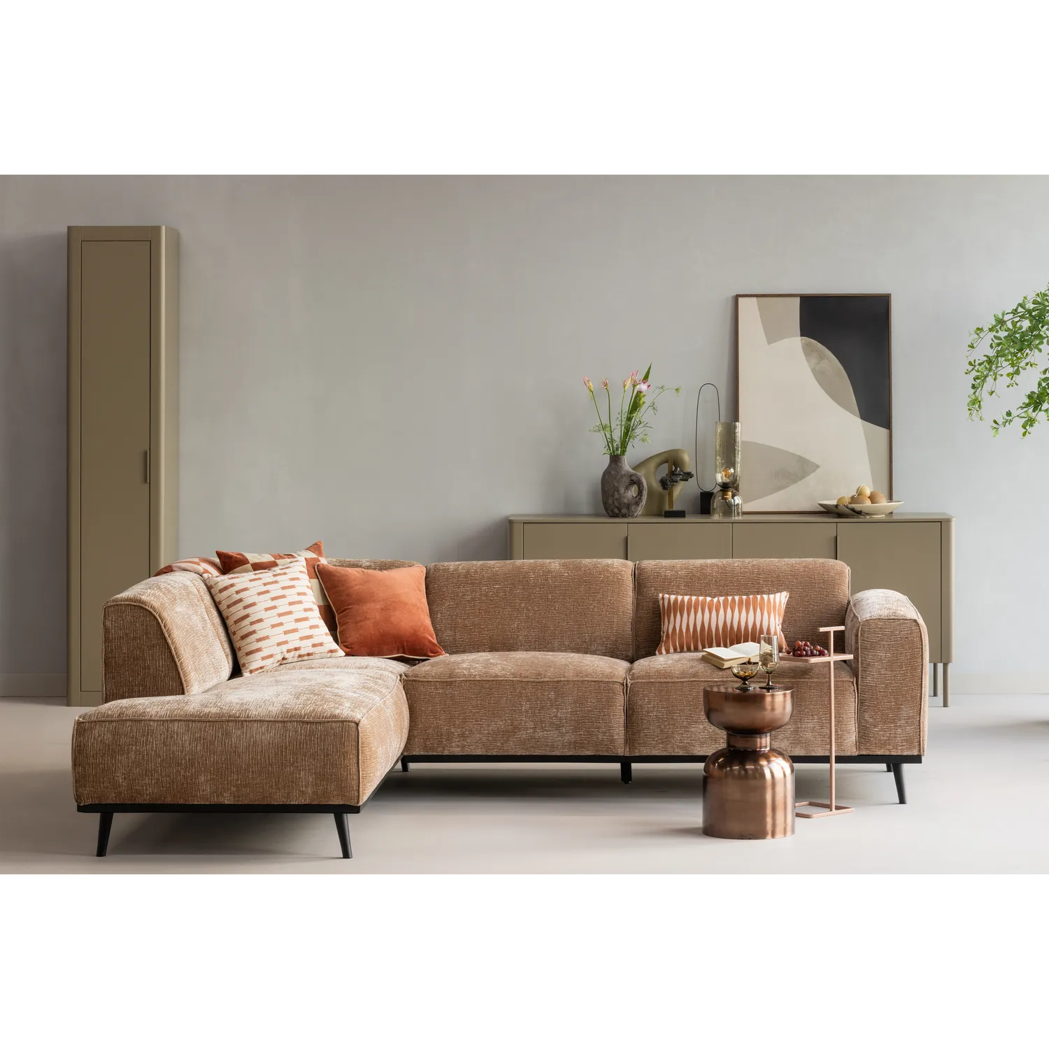 Woood Statement Hoekbank Links Chenille Velvet Taupe - KwaliteitWonen.nl
